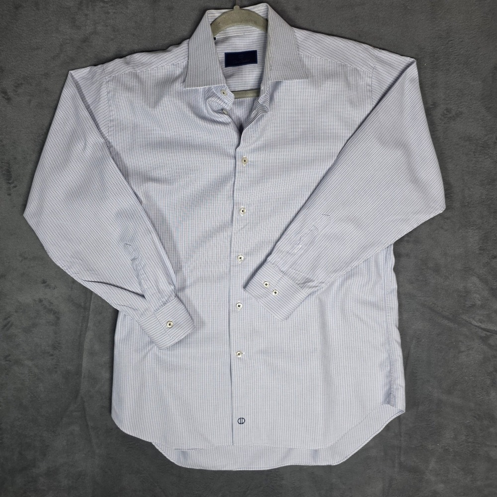 David Donahue Mens Blue White Micro Check Cotton Dress Shirt 16.5 32/33 L/S